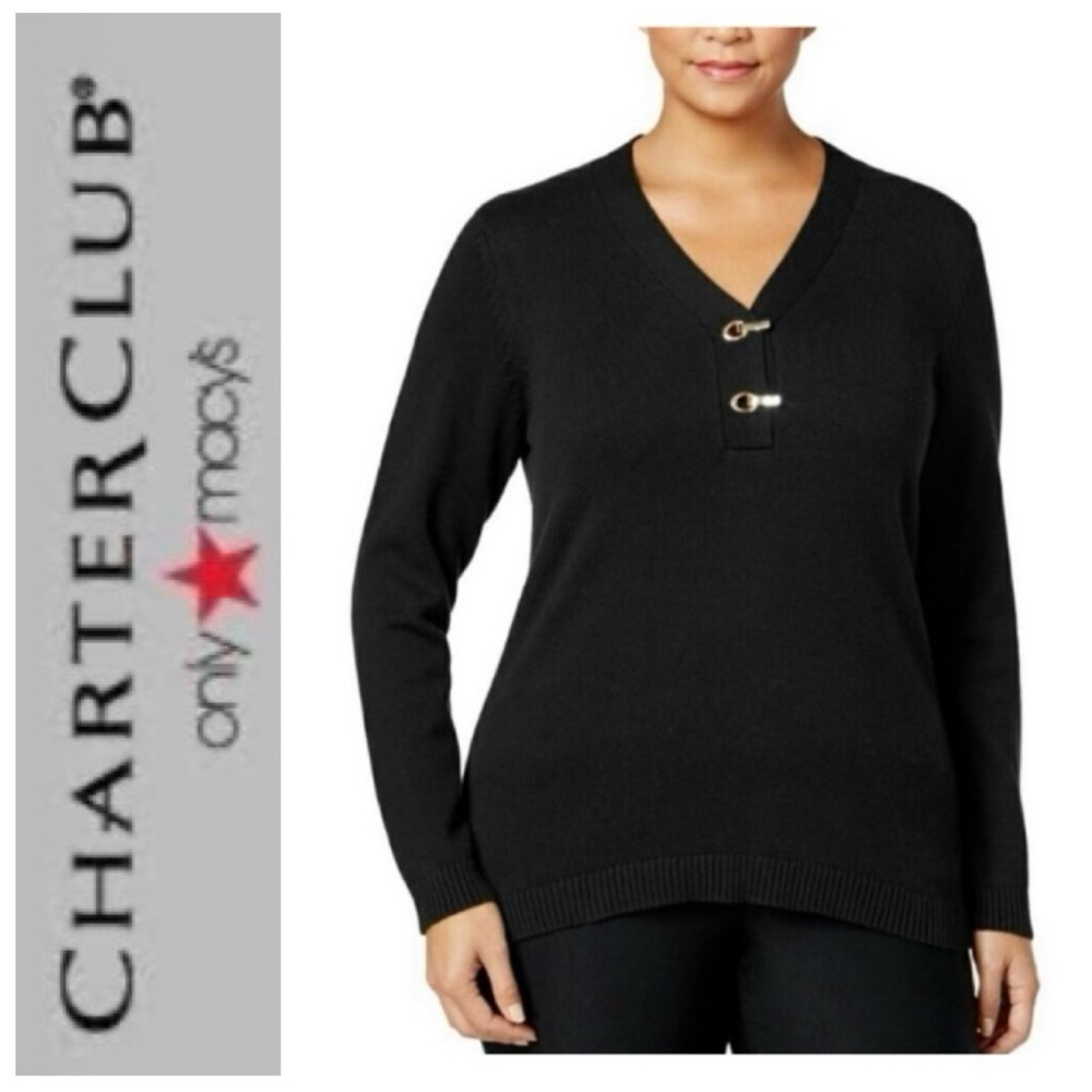⛸️ CHARTER CLUB Black Buckle Henley Sweater NWT $70 0X / 12W